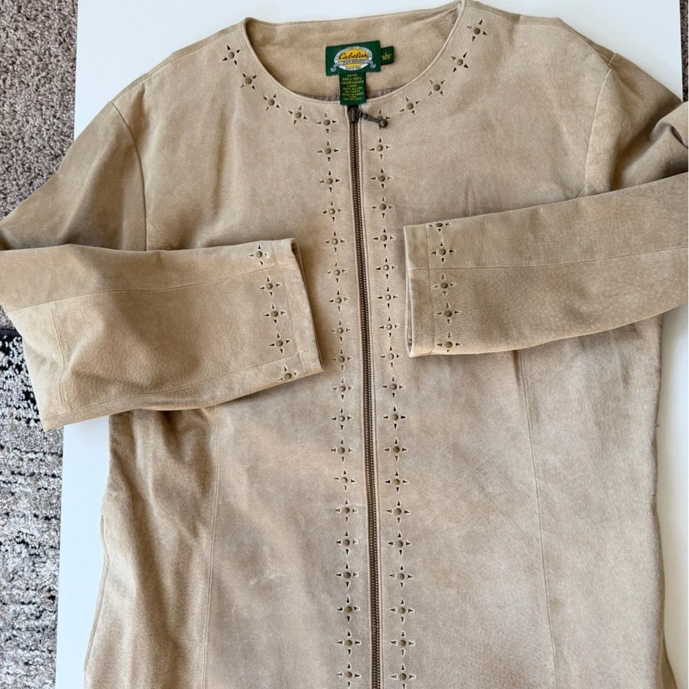 Cabela's‎ Blazer Studded Full Zip Suede Leather Tan Sz L Boho western Core